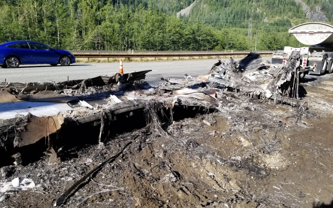 2018-07-16: Burnt Trailer on the I-90 Requires Extensive Accident Cleanup